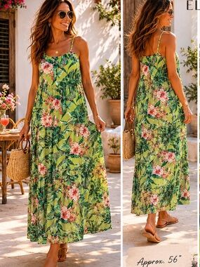 Elena Baldi, Luxury Silk Blend, Dress,Tiered,Floral Size Medium, Tropical